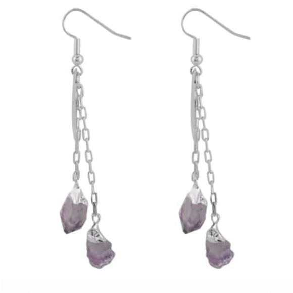Made in Brazil Amethyst point Moon Dangle Earrings in Silvertone - Picture 6 of 10